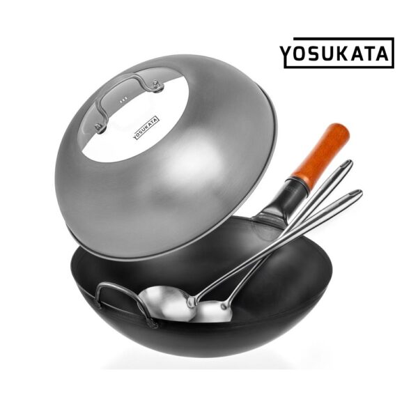 Γουόκ Τηγάνι Yosukata 34 cm + Καπάκι Από Ανοξείδωτο Χάλυβα +Σετ σπάτουλας και κουτάλας