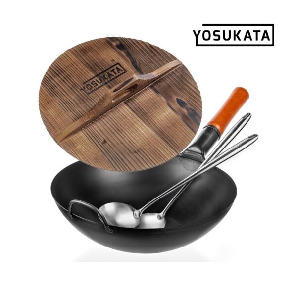 Γουόκ Τηγάνι Yosukata 34 cm + ξύλινο καπάκι Wok + Σετ σπάτουλας και κουτάλας